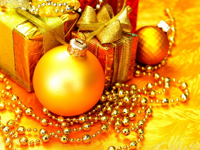 Christmas gifts and ornaments with gold beads