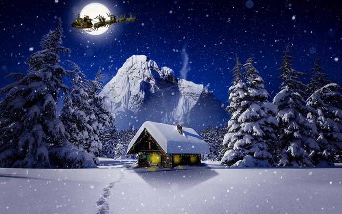 Santa Claus flying in his sleigh over a snowy mountain landscape at night