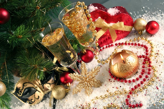 Christmas Decorations with Champagne and Mask
