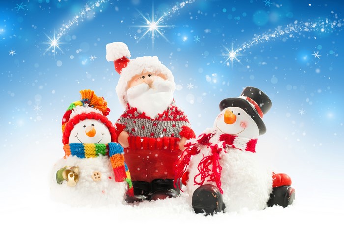 Three Christmas figures: Santa Claus and two snowmen