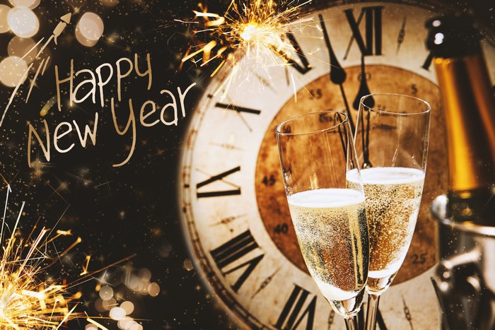Happy New Year with Champagne and Clock