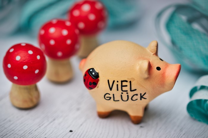 Piggy bank with ladybug and mushrooms