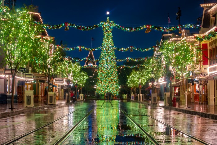 Disneyland Main Street USA at Christmas at Night