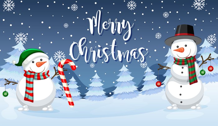 Merry Christmas Snowmen with Candy Cane and Ornaments