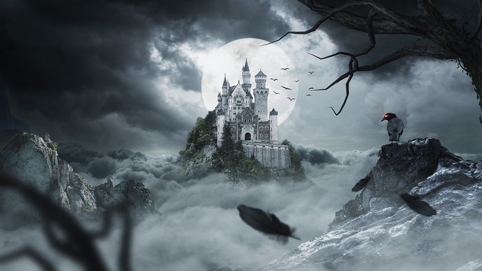 Castle on a mountain with a full moon and crows