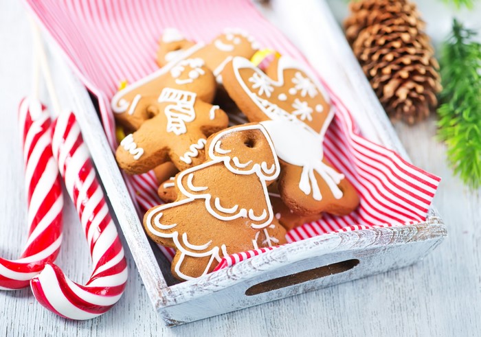 Christmas gingerbread cookies and candy canes on a tray