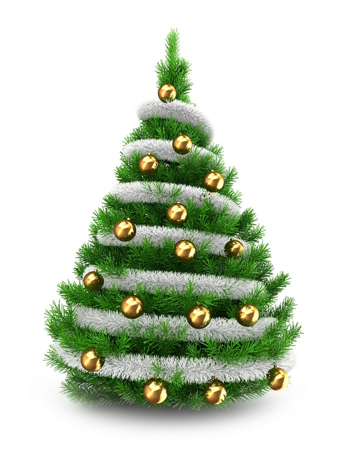 Decorated Christmas tree with gold balls and white tinsel