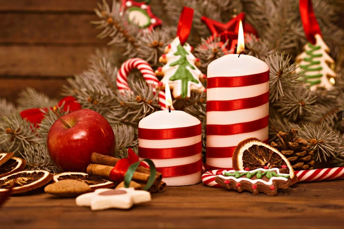 Christmas Decorations with Candles and Apple
