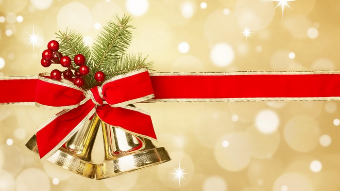 Christmas Bells with Red Ribbon and Holly Berries
