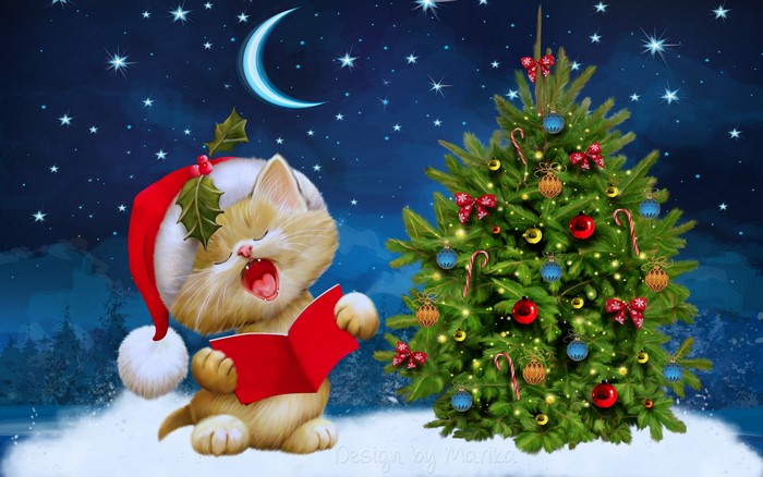 Kitten in Santa hat singing carols by Christmas tree
