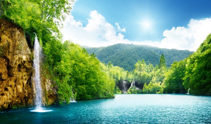 Waterfalls and a lake in a green forest