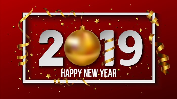 Happy New Year 2019 celebration with gold ornaments