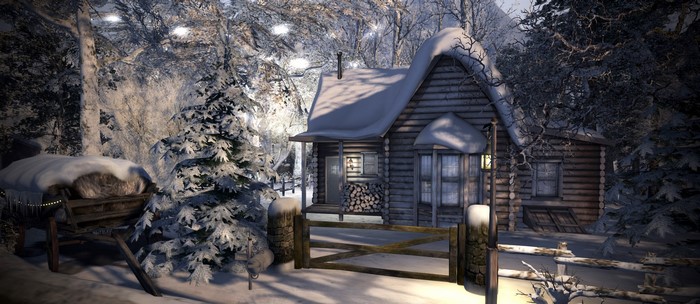 Snowy cabin in a winter forest with a cart