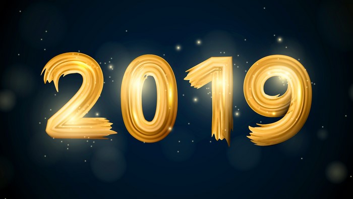 Golden 2019 brush stroke numbers with sparkles