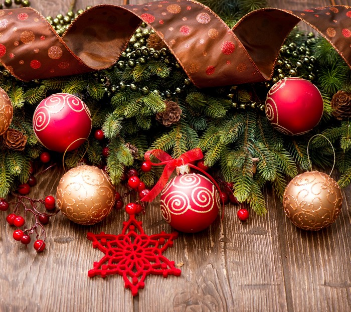 Christmas decorations on wooden planks