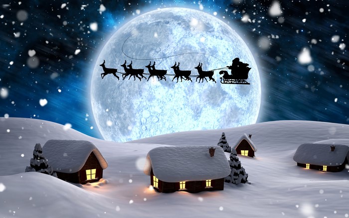 Santa Claus Sleigh Silhouette Over Snowy Village and Moon