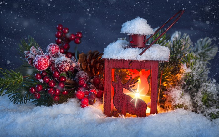 Christmas lantern with snow and berries