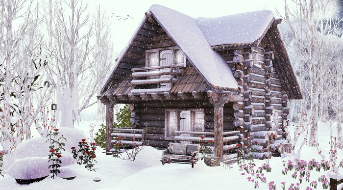 Snowy log cabin in a winter forest with red roses