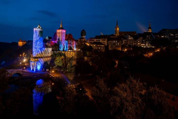 Bautzen Castle illuminated at night in Germany