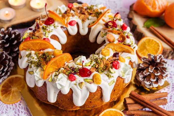Christmas bundt cake with icing and fruit