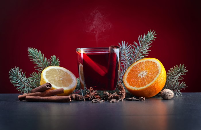 Mulled wine with orange, lemon, cinnamon, and star anise