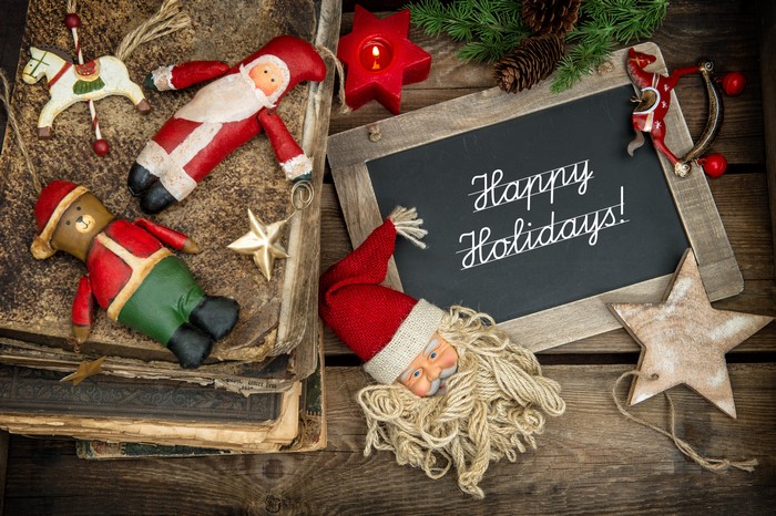 Christmas decorations with Santa Claus and books