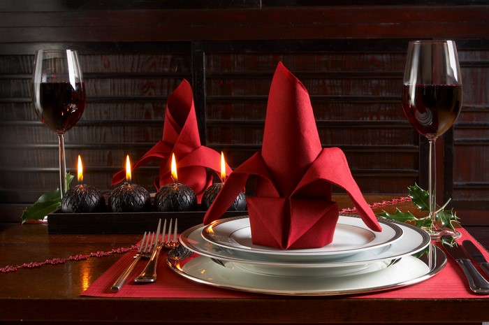 Christmas Table Setting with Wine and Candles