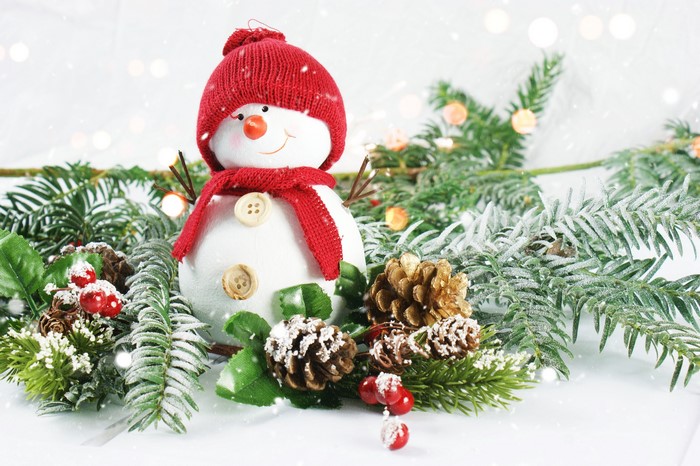 Snowman with red hat and scarf among pine cones and branches