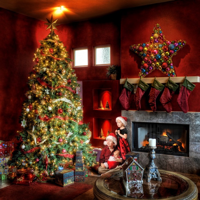 Christmas Tree, Fireplace, and Family with Gifts