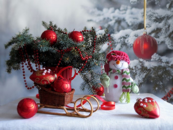Christmas still life with snowman and ornaments