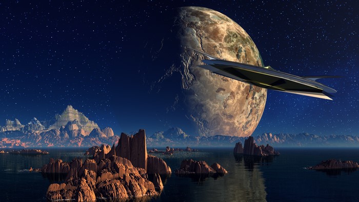 Starship flying near a planet over alien landscape