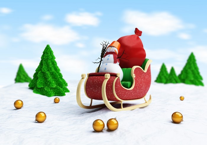 Snowman in a Sleigh with Gifts and Christmas Trees