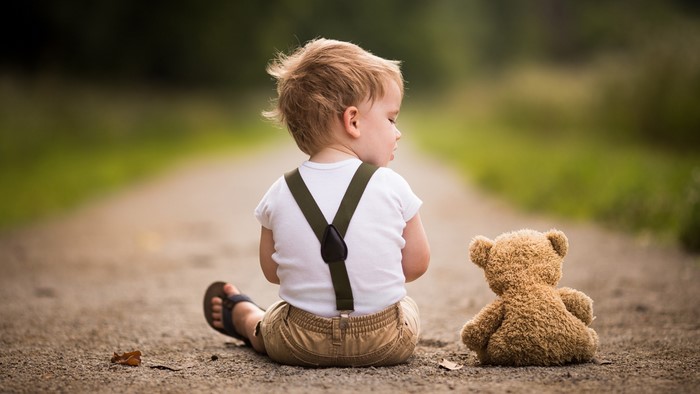 Boy and Teddy Bear Sitting on a Trail