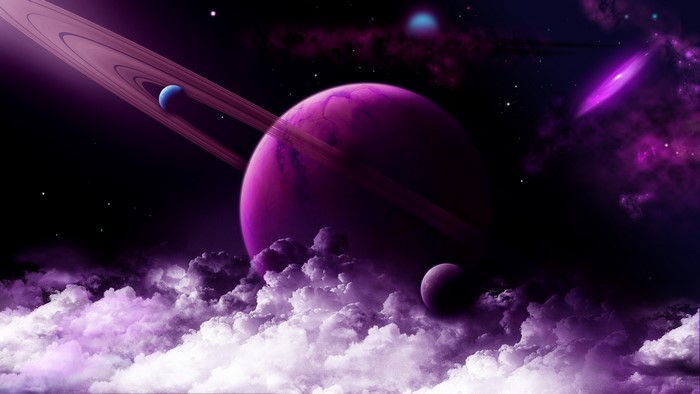 Purple planets and rings in space with clouds