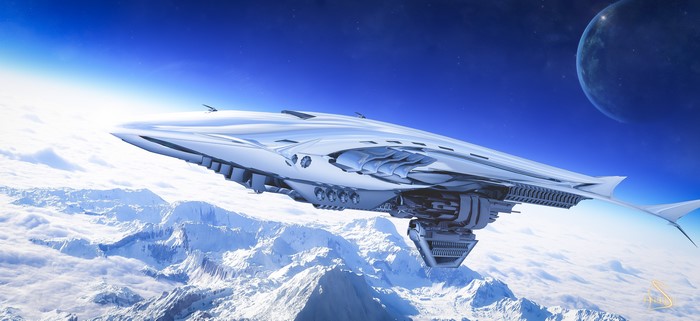 Starship flying over snowy mountains with a planet in the sky