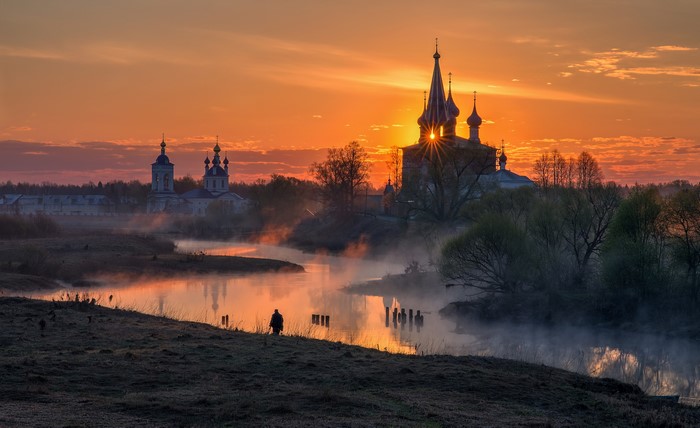 4K Sunrise over Dunilovo Village with Churches and River