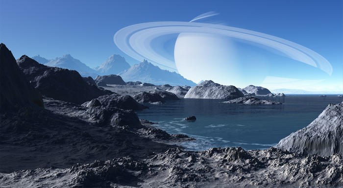 Rocky Alien Landscape with Ringed Planet