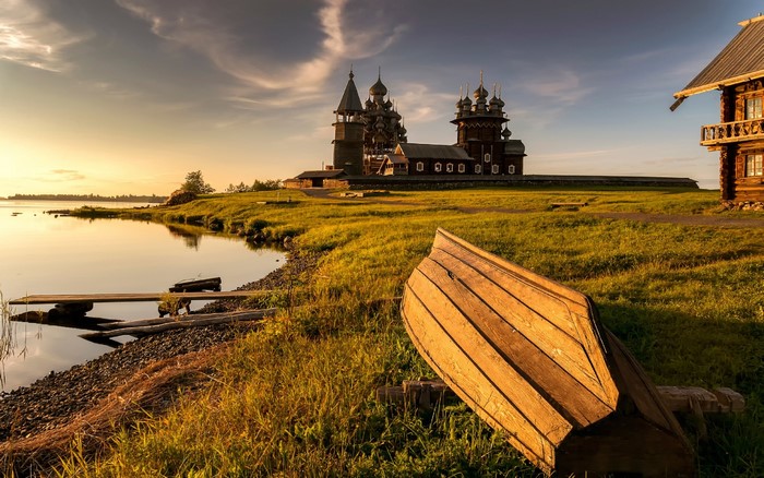 Wooden Church and Boat on Kizhi Island, Russia