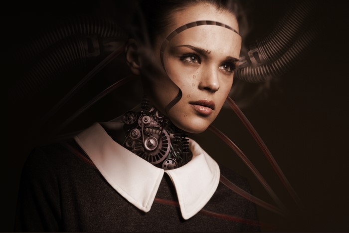 Robot woman with gears and tubes