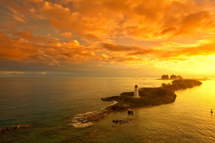Lighthouse on island during sunset in Nassau, Bahamas