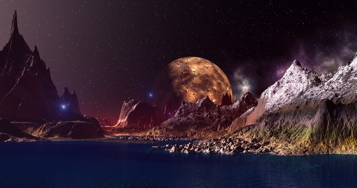 Alien Coastline with Planet and Stars