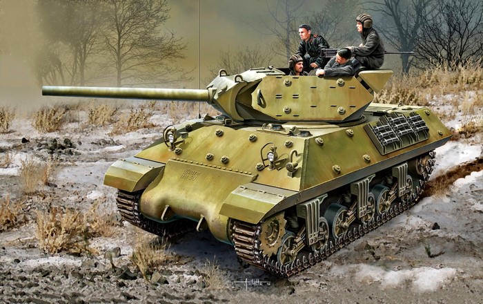 Painting of a tank with crew in a winter landscape
