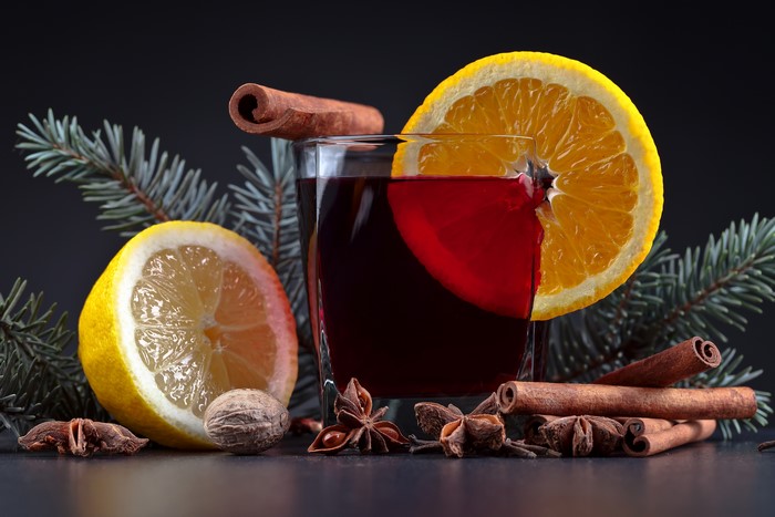 Mulled wine with orange, lemon, cinnamon, and star anise