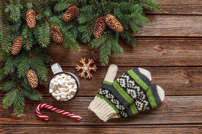 Christmas still life with pine cones, mittens, and hot chocolate