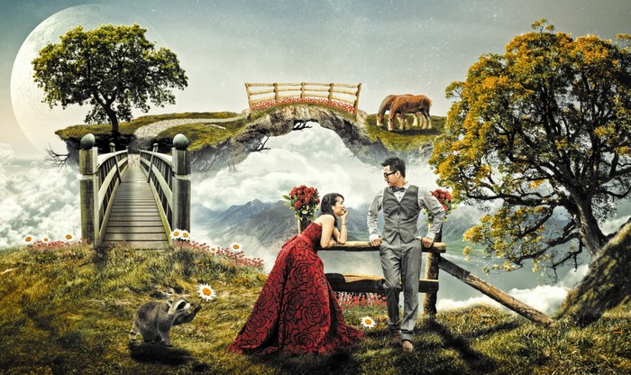 Couple on floating islands with bridges and trees