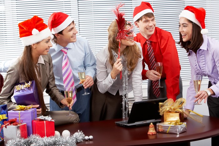 Office Christmas Party with Gifts and Masks