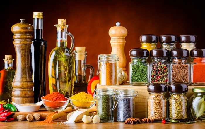 Spices and oils in jars and bottles