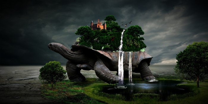 Giant turtle carrying a castle and waterfalls