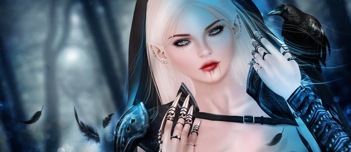 Blonde elf with crow and feathers
