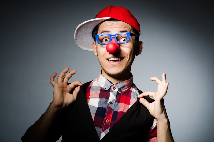 4K, Men, Gray background, Clown, Baseball cap, Glasses, Nose, Hands, HD